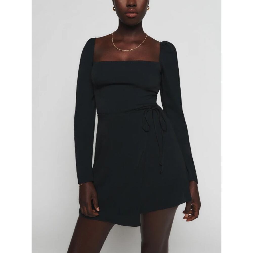 Reformation Rosalie Black Dress Square Neck Long Sleeve Wrap Skirt Mini Dress 4